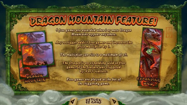 Dragon Muontain Feature - 8 free games are awarded when 3 or more dragon mountains appear anywhere. by Free Slots 247