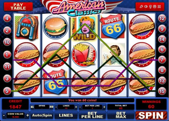 multiple winning paylines triggered a 60 coin payout - Free Slots 247