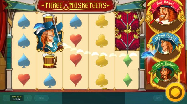 When one of the Three Musketeers lands on the reels, the corresponding progress bar will be filled. Once filled the corresponding feature will be activated. by Free Slots 247
