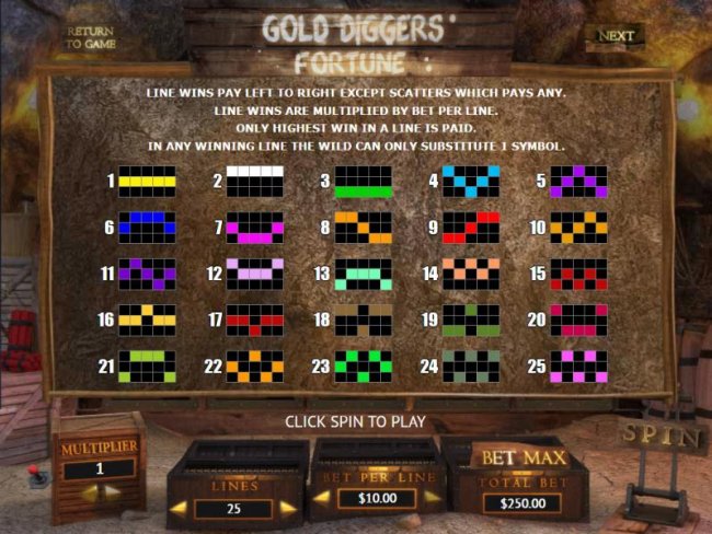 Free Slots 247 - Payline Diagrams 1-25 Line wins pay left to right except scatters which pays any.