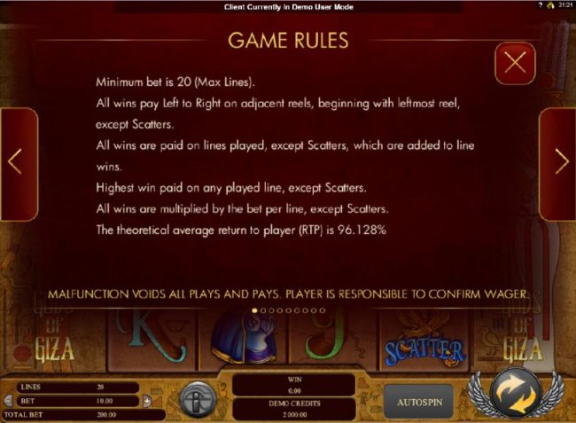 Game Rules - Minimum bet is 20 (max lines). All wins pay left to right pn adjacent reels, beginning with leftmost reel, except scatters. All wins are paid on lines played, except scatters, which are added to line wins. - Free Slots 247