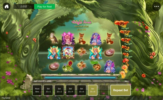 Free Slots 247 - Main game board featuring three reels and 25 paylines with a $4,000 max payout. Featuring a fantasy fairy theme.
