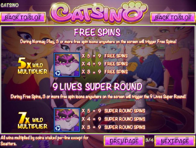 Free Slots 247 - During normal play, 3 or more free spin icons anywhere on the screen will trigger Free Spins. 3 or more free spins icons anywhere on screen during Free Spins will trigger the 9 Lives Super Round.