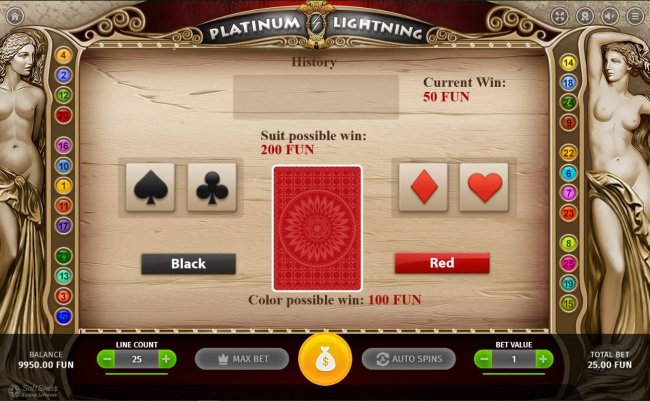 The Gambling option is available after any winning spin. The aim of the gambling round is to guess the color or the suit of the face-down-card, one from a 52-card deck. by Free Slots 247