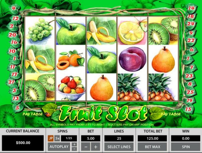 Main game board featuring five reels and 25 paylines with a $25,000 max payout - Free Slots 247