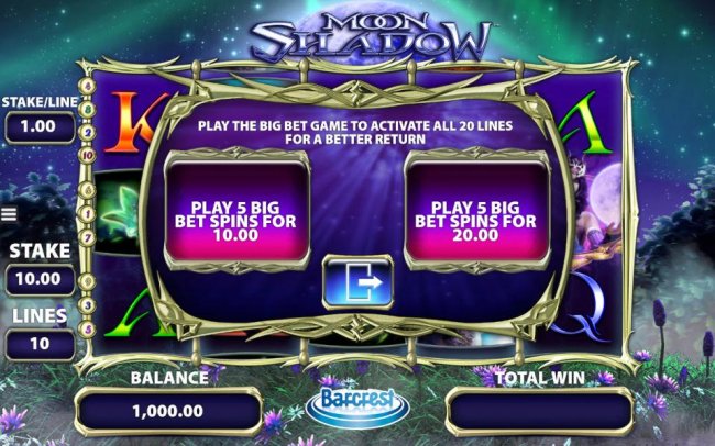 Play the Big Bet game to activate all 20 lines for a better return. Play 5 Big Bet Spins for 10.00 or 20.00 - Free Slots 247