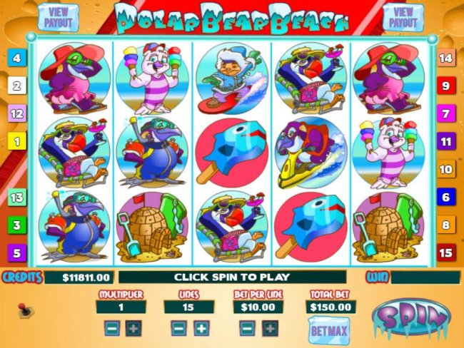 Main game board featuring five reels and 15 paylines with a Jackpot max payout - Free Slots 247