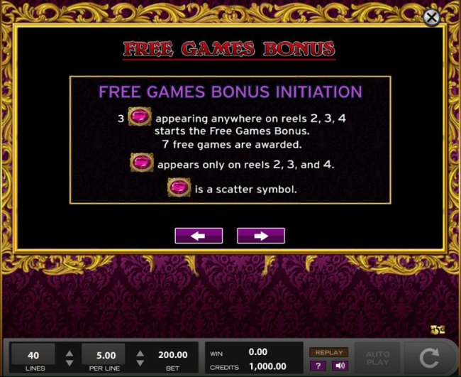 3 scatter symbols anywhere on reels 2, 3 and 4 starts the Free Games bonus. 7 free games are awarded. by Free Slots 247