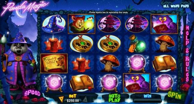 Main game board featuring five reels and 1024 winning combinations with a $500,000 max payout by Free Slots 247