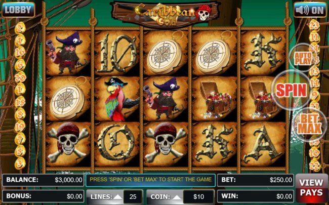 Free Slots 247 - Main game board featuring five reels and 25 paylines with a $30,000 max payout
