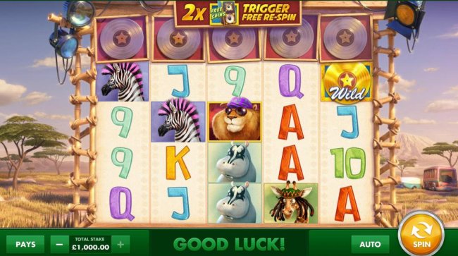Free Slots 247 - Main game board based on an African safari theme, featuring five reels and 40 paylines with a $100,000 max payout