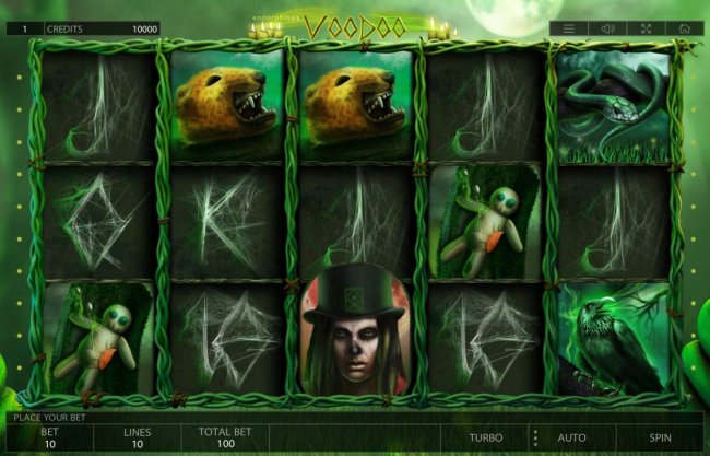 A black magic themed main game board featuring five reels and 10 paylines with a $100,000 max payout by Free Slots 247