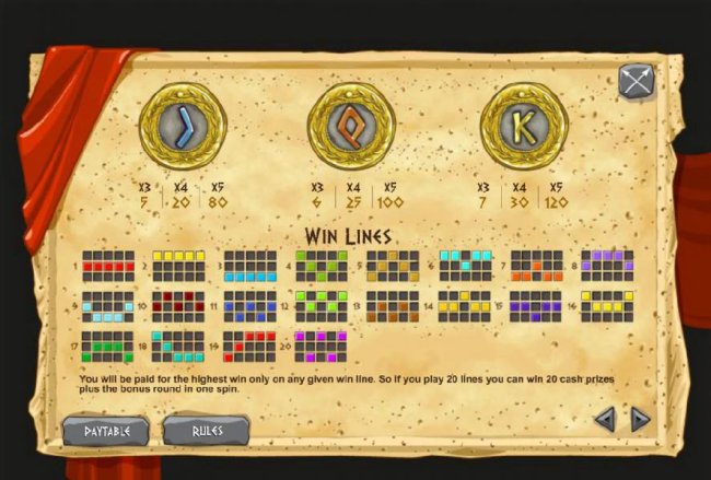 Slot game symbols paytable and payline diagrams by Casino Bonus Lister