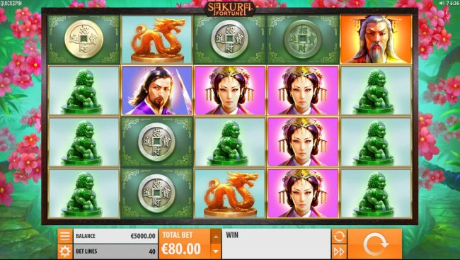 Free Slots 247 - Main game board featuring five reels and 40 paylines with a $86,960 max payout.