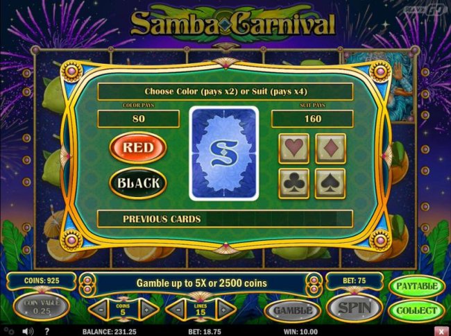 Gamble feature game board is available after every winning spin. For a chance to increase your winnings, select the correct color or suit on the next card or take win. - Free Slots 247