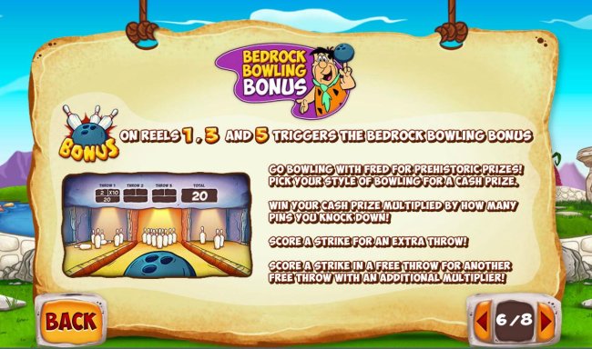 Bedrock Bowling Bonus - bowling bonus scatter symbol on reels 1, 3 and 5 triggers the Bedrock Bowling Bonus by Free Slots 247
