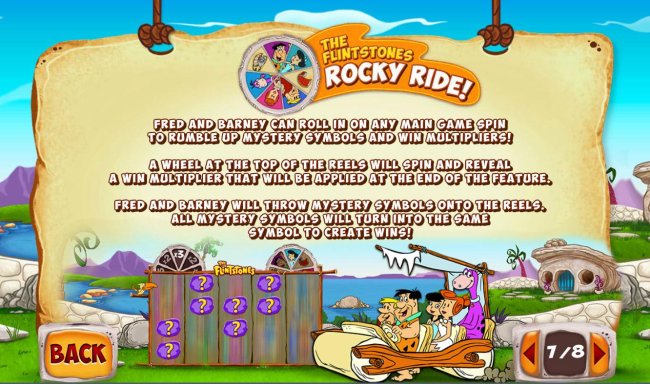 The Flintsones Rocky Ride - Fred and Barney can roll in on any main game spin to rumble up mystery symbols and win multipliers! - Free Slots 247