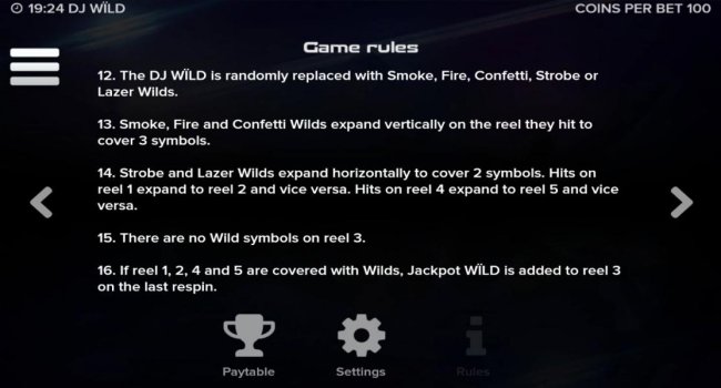 General Game Rules - The DJ Wild is randomly replaced with Smoke, Fire, Confetti, Strobe or Lazer Wilds. by Free Slots 247