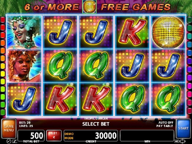 Free Slots 247 - A glitzy nightclub dance themed main game board featuring five reels and 25 paylines with a $50,000 max payout