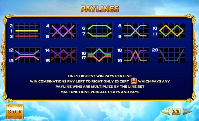 Free Slots 247 - Payline Diagrams 1-20. Only highest win pays per line.