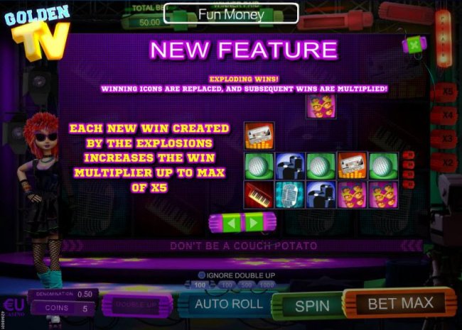 New Feature - Exloding Wins - Winning icons are replacedm and subsequent wins are multiplied! Each new win created by the explosions increases the win multiplier up to max of x5. by Free Slots 247
