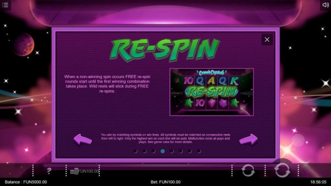 Re-Spin - When a non-winning spin occurs FREE re-spin rounds start until the first winning combination takes place. Wild reels will stick during FREE re-spins. by Casino Bonus Lister