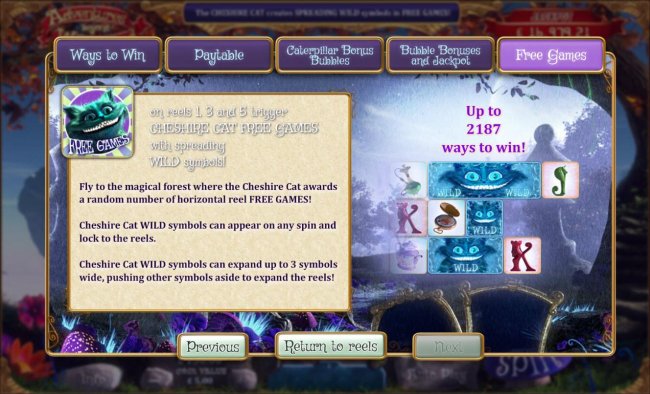 Free Games symbol on reels 1, 3 and 5 trigger Cheshire Cat Free Games with spreading wilds. - Casino Bonus Lister
