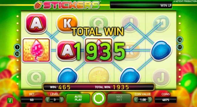 Another sticky spin triggers multiple winning paylines and an additional 465 coin payout - Free Slots 247