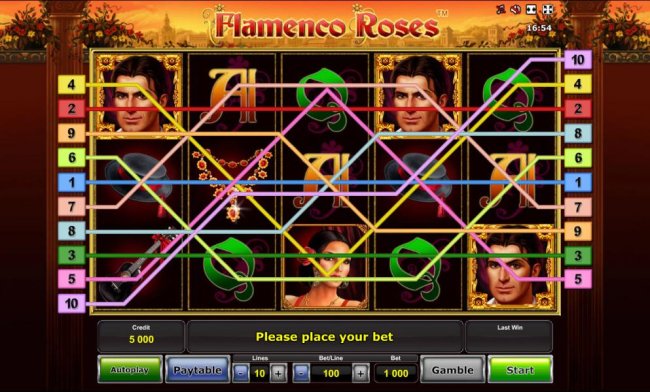 Main game board based on Spainish cultural dance, featuring five reels and 10 paylines with a $500,000 max payout by Free Slots 247