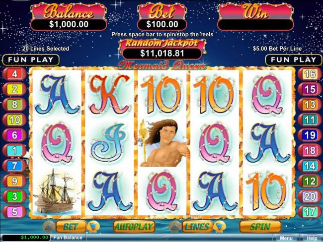 An undersea adventure main game board featuring five reels and 20 paylines with a $250,000 max payout - Free Slots 247