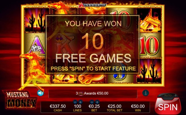 Three or more Mustang Money symbols anywhere on the reels triggers 10 free games. - Free Slots 247