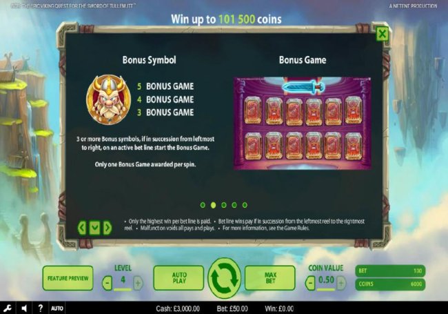 The bonus symbol is represented by a helmeted viking warrior and three or more symbols in succession from leftmost to right, on an active bet line start the Bonus Game. - Free Slots 247
