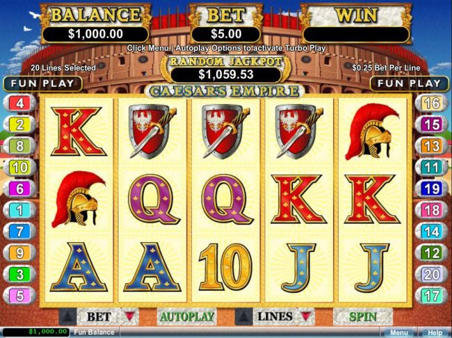A Roman themed main game board featuring five reels and 20 paylines with a $12,500 max payout - Free Slots 247