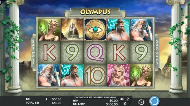 Main game board featuring five reels and 243 ways to win with a $100,000 max payout by Free Slots 247