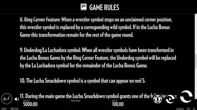General Game Rules - Ring Corner Feature - Underdog Symbol and Lucha Smackdown Symbol - Free Slots 247