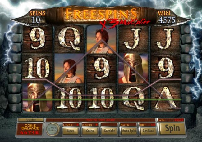 Multiple winnng paylines trigger a big win during the free spins feature by Free Slots 247