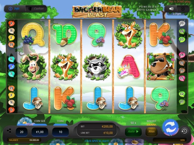 Main game board featuring five reels and 10 paylines with a $4,000 max payout. - Free Slots 247