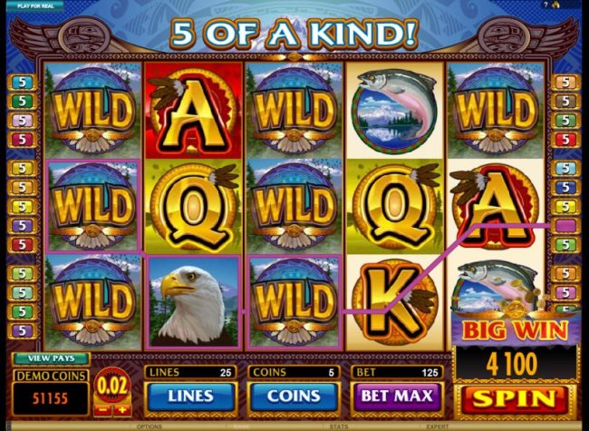 Free Slots 247 - here is an example of a 5 of a kind triggering a 4100 coin jackpot