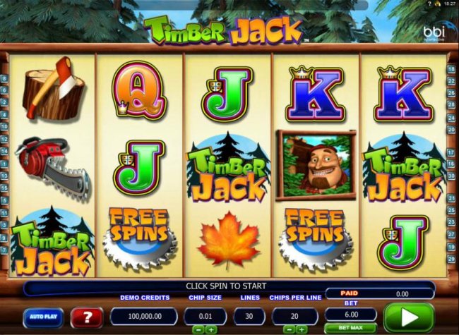 Main game board based on a lumber jack theme, featuring five reels and 30 paylines with a $120,000 max payout by Free Slots 247
