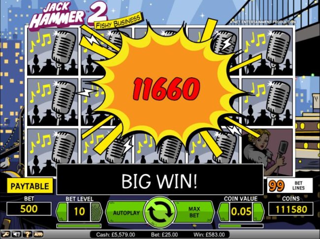 Jack Hammer 2 Fishy Business slot game big win payout screen - Free Slots 247