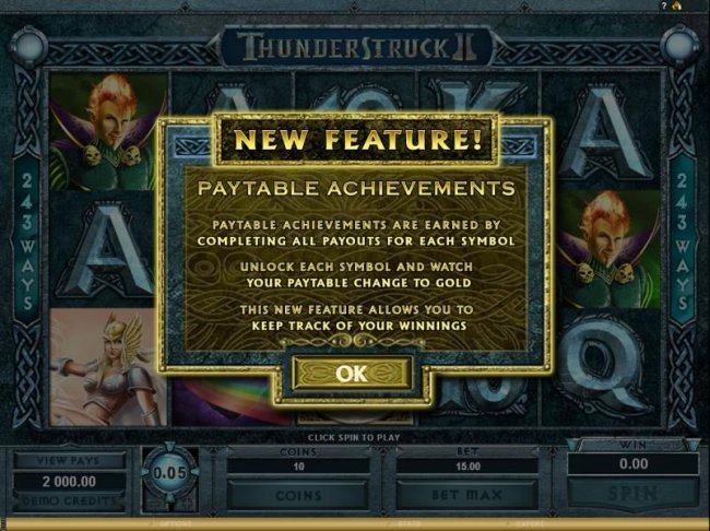 ThunderStruck II slot game new feature payout achievements - Free Slots 247