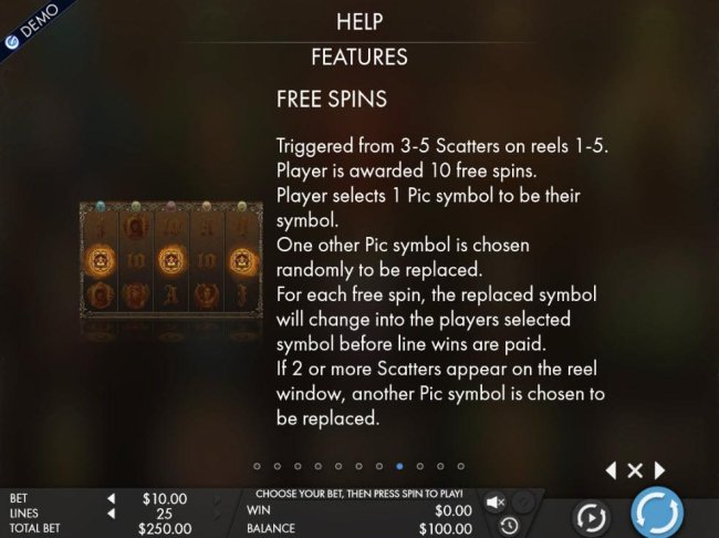 Free Spins triggered from 3 - 5 scatters on reels 1-5. Player is awarded 10 free spins. by Free Slots 247