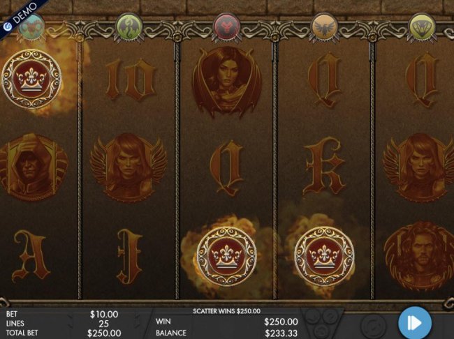 three scattered crown symbols triggers a 250.00 cash prize and activates bonus feature. - Free Slots 247