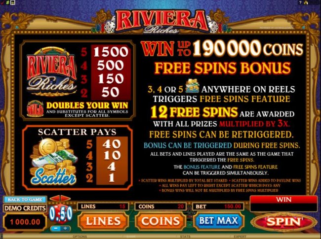 3 or more scatter symbols anywhere on reels triggers free spins feature with a 3x multiplier - Free Slots 247