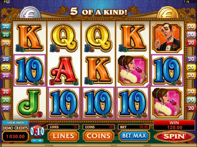 Free Slots 247 - here is an example of a five of a kind triggering a 120 coin jackpot