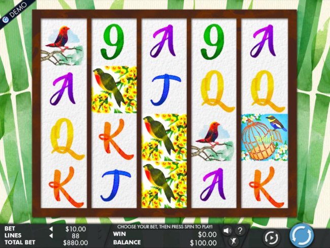 Free Slots 247 - An Asian bird themed main game board featuring five reels and 88 paylines with a $100,000 max payout