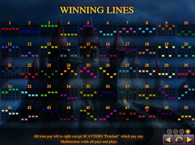 Payline Diagrams 1-50. All wins pay left to right except scatters which pay any. by Free Slots 247