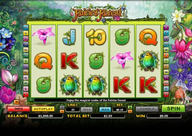 Free Slots 247 - main game board featuring five reels and 25 paylines