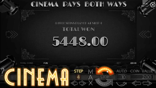 Cinema Pays Both Ways feature awards player with 5448.00 cash prize by Free Slots 247
