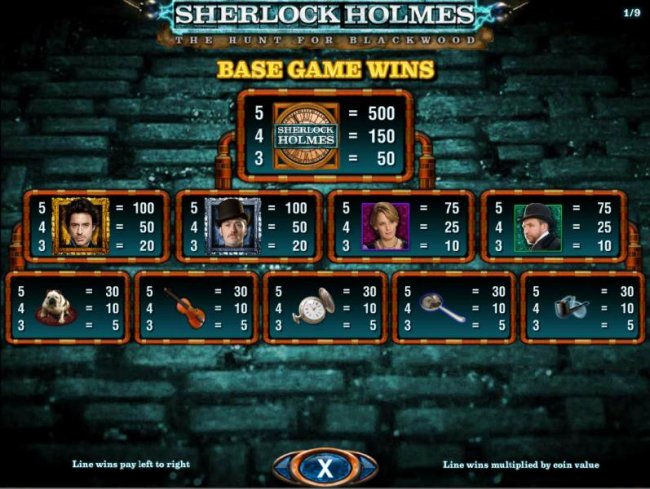 Base game symbols paytable - high value symbols include the game logo, Sherlock Holmes, Dr. Watson and Mrs. Hudson by Free Slots 247